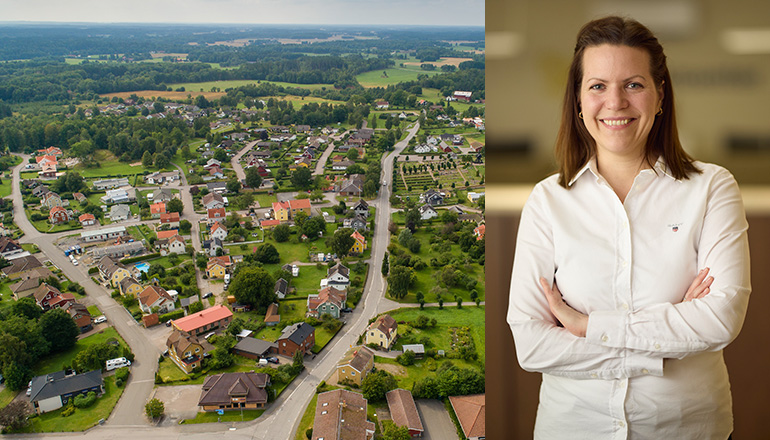 Delad bild på kommunalråd Gabriela Bosnjakovic och flygbild över Vedum. 