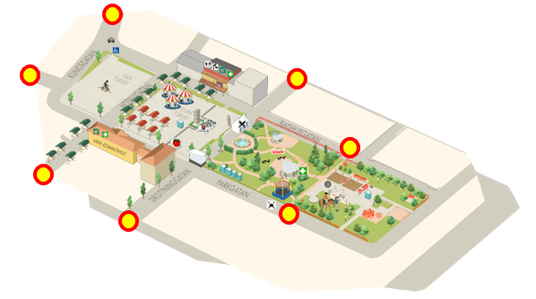 Kartbild över centrala Vara tätort med markeringar för gatuavstängningar.